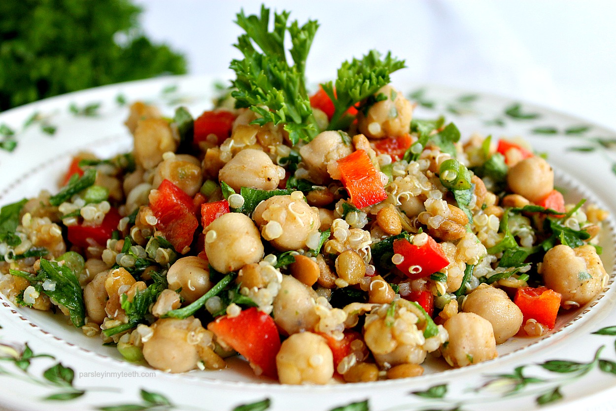 Lightly Spiced Chickpeas Lentils & Quinoa with Parsley & Red Peppers