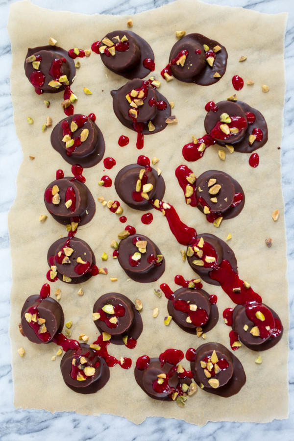 Chocolate-Covered Banana Bites with Pistachios + Raspberry Puree - Parsley In My Teeth