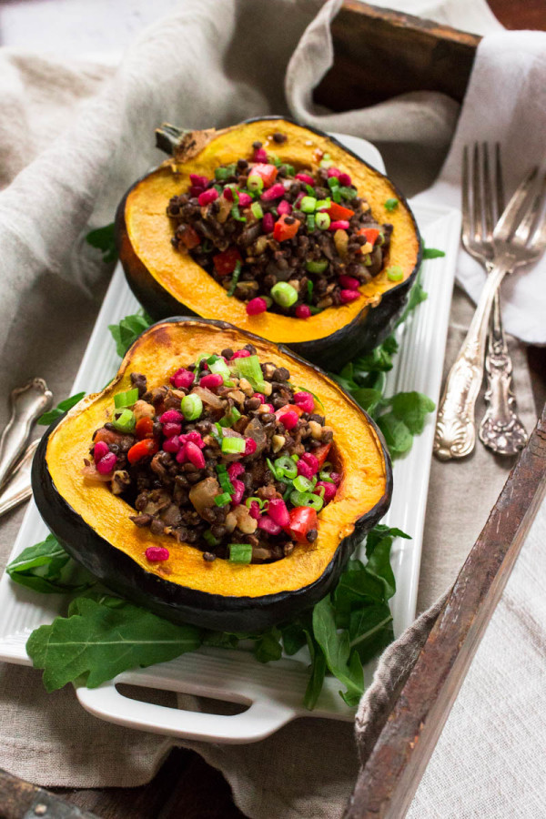 Acorn Squash Stuffed with Beluga Lentils Walnuts Red Pepper and Pomegranate by Parsley In My Teeth
