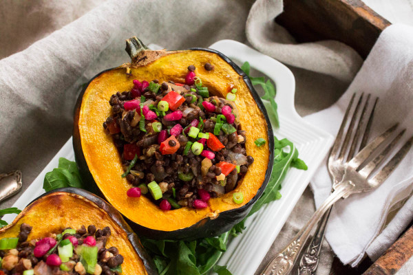 Acorn Squash Stuffed with Beluga Lentils Walnuts Red Pepper and Pomegranate from Parsley In My Teeth