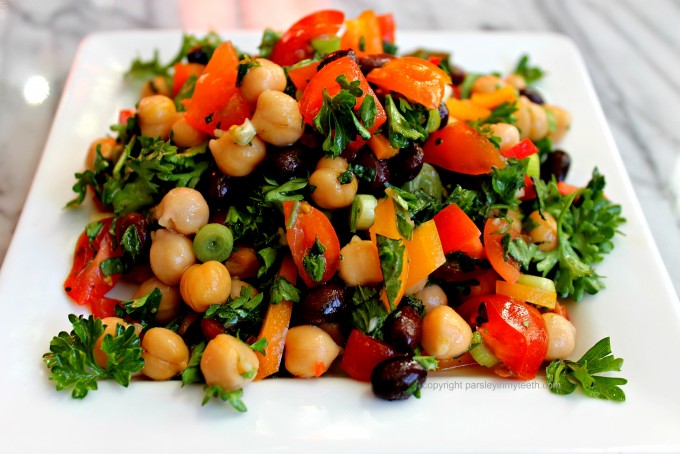Chickpea & Black Bean Salad with Parsley Mint Green Onion Tomato & Red Bell Pepper