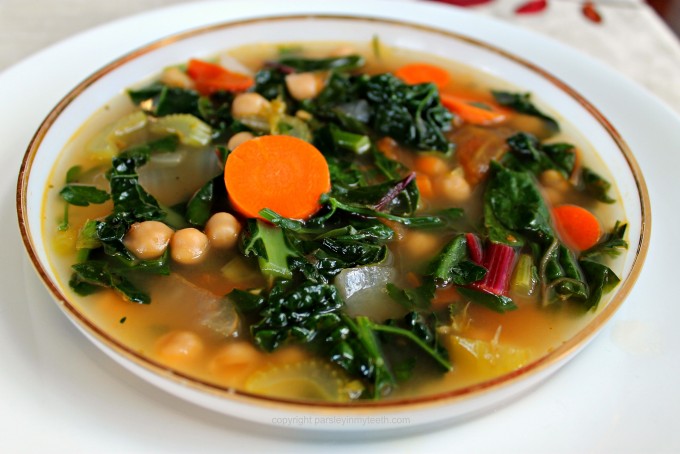 Rustic Parsley Kale & Chard Soup with Garbanzo Beans