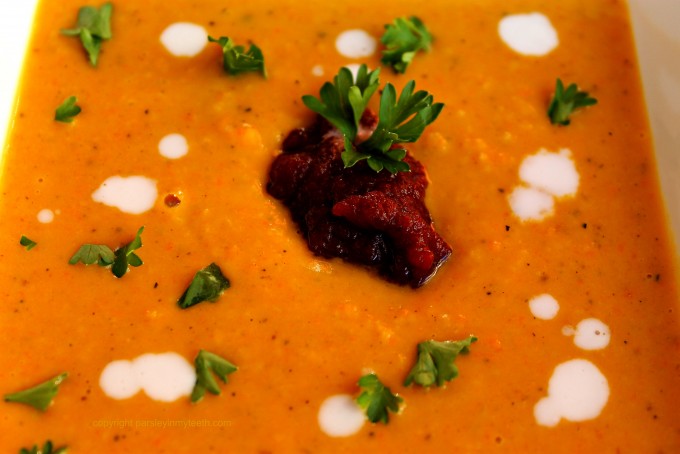 Roasted Acorn & Butternut Squash Sweet Potato & Carrot Soup topped with Pureed Beets