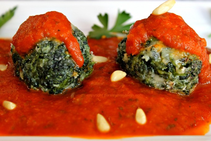 Spinach Parmesan Balls with Tomato Sauce
