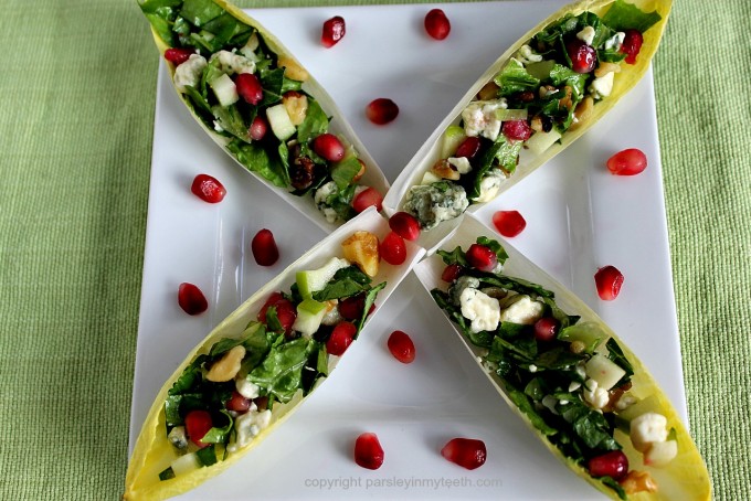 Stuffed Belgian Endive Spears with Blue Cheese Apple Walnuts & Pomegranate