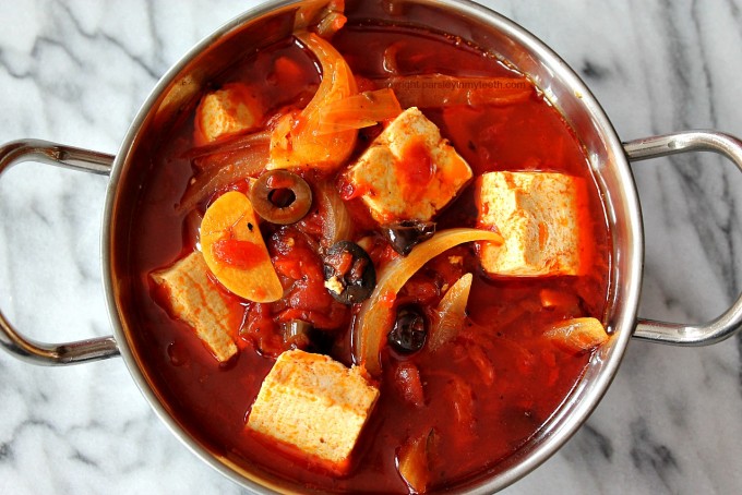 Tofu Rojo with Roasted Red Peppers Black Olives & Jalapeno