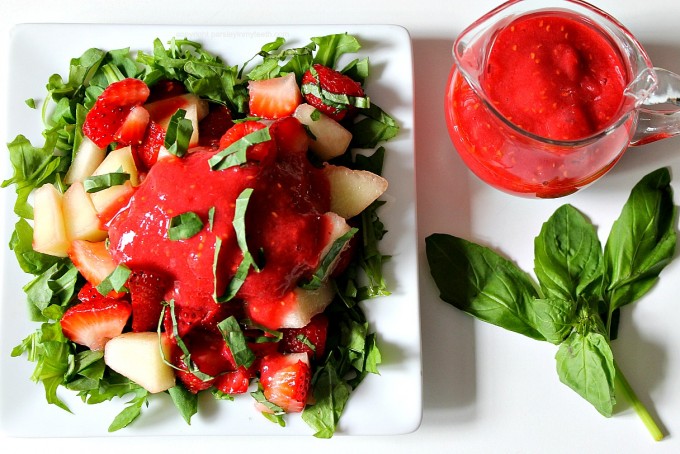 Raspberry Melon Strawberry & Basil Salad with Raspberry Lemon Dressing