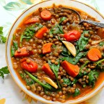 Brown Lentil Soup with Carrots Tomatoes & Spinach