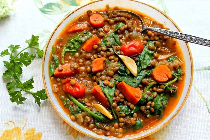 Brown Lentil Soup with Carrots Tomatoes & Spinach