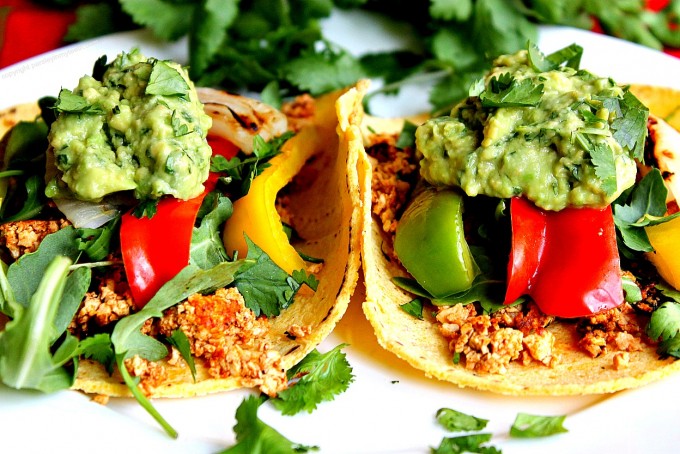 Tofu Tacos with Grilled Onions & Peppers Topped with Guacamole