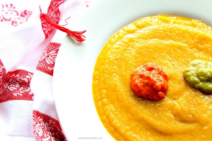 Curried Butternut Squash Soup with Roasted Tomato-Sage and Jalapeno-Lime Purees
