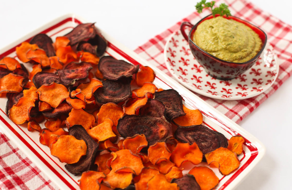 Beet Carrot & Sweet Potato Chips with Hummus