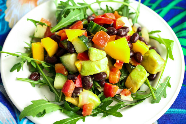 Mango Avocado Salad with Red Pepper Black Beans Cucumber & Lime over Arugula
