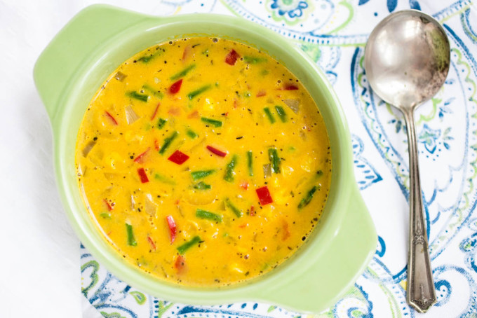Curried Sweet Corn & Asparagus Chowder with Red Bell Pepper