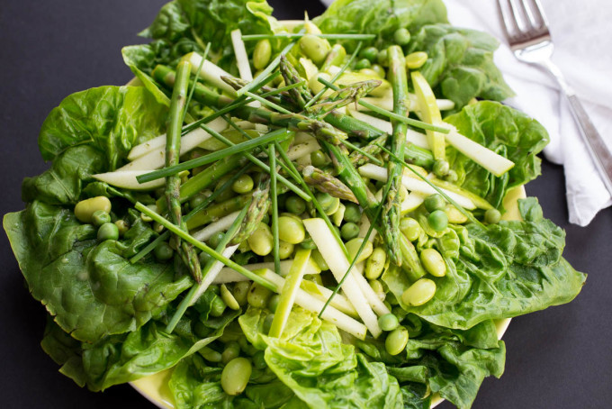 Spring Greens & Beans Salad with Asparagus & Lemon Basil Dressing