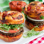 Lentil & Portobello Mushroom Burgers with Sun-Dried Tomato Harissa Sauce