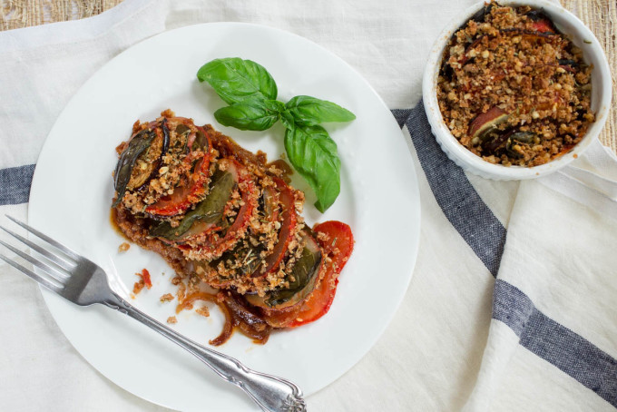 Tomato Eggplant and Potato Gratin with Caramelized Onions and Fresh Basil by Parsley In My Teeth
