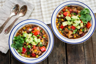 Mushroom & Bean Chili with Red Peppers Sweet Corn & Avocado from Parsley In My Teeth