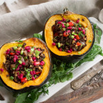 Acorn Squash Stuffed with Beluga Lentils Walnuts Red Peppers & Pomegranate