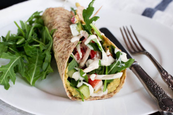 Middle Eastern Salad Wrap with Chicpeas Arugula Hummus & Tahini Dressing by Parsley In My Teeth
