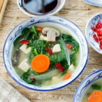 Mushroom Onion & Tofu Miso Soup with Carrots & Spinach
