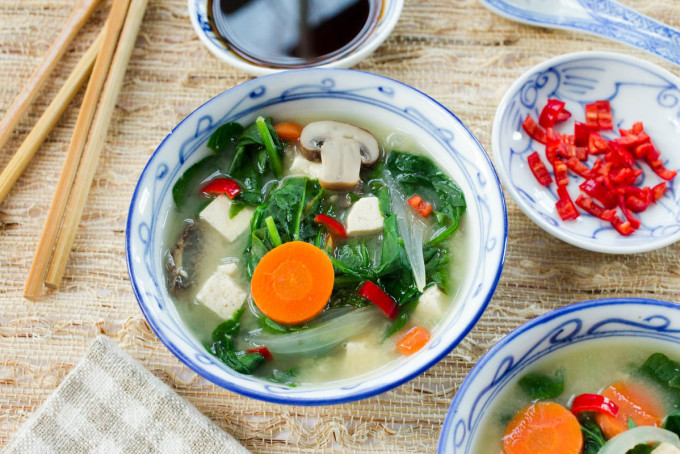 Mushroom Onion & Tofu Miso Soup with Spinach & Carrots - Parsley In My Teeth
