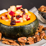 Kabocha Squash Stuffed with Baked Cinnamon-Ginger Apples & Dried Cranberries Topped with Pecans