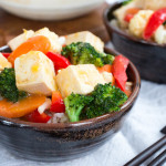 Mango Sweet-N-Sour Sauce Stir Fry with Tofu Broccoli Cauliflower & Red Peppers