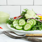 Sweet Pepper Cucumber & Arugula Salad with Whipped Avocado-Lemon Dressing