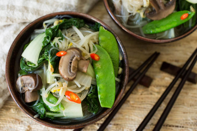 Miso Soup with Bok Choy Mushrooms Snow Peas & Mung Bean Noodles - Parsley In My Teeth, healthy, vegan