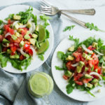 Summer Tomato Onion & Avocado Salad with Basil-Lime-Avocado Dressing