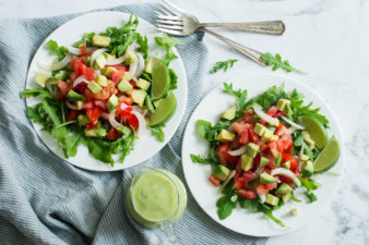 Summer Tomato Onion & Avocado Salad with Basil-Lime-Avocado Dressing by Parsley In My Teeth, healthy salad, vegan, easy salad