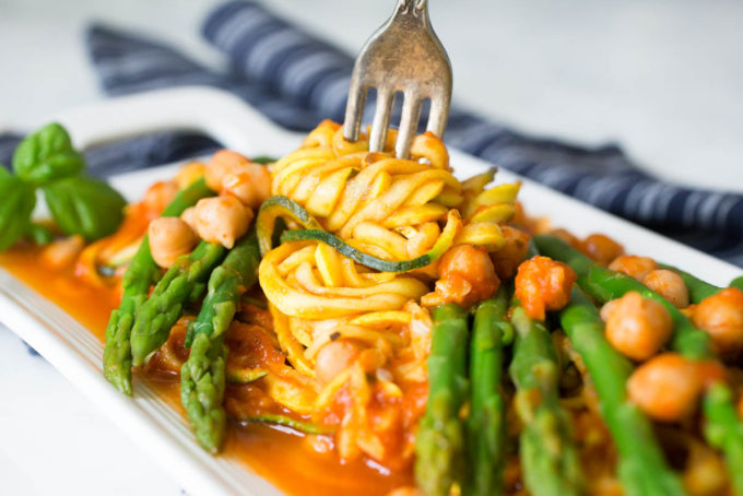 Yellow Squash & Zucchini Spaghetti with Chickpeas + Asparagus in Homemade Pasta Sauce from Parsley In My Teeth, healthy noodles, vegan noodles, vegetable noodles, zucchini noodles, spiralizer