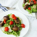 Back To School Lunch Idea: Sweet Pea Broccoli & Spinach Pesto Pasta with Grilled Mushrooms Onions & Tomatoes