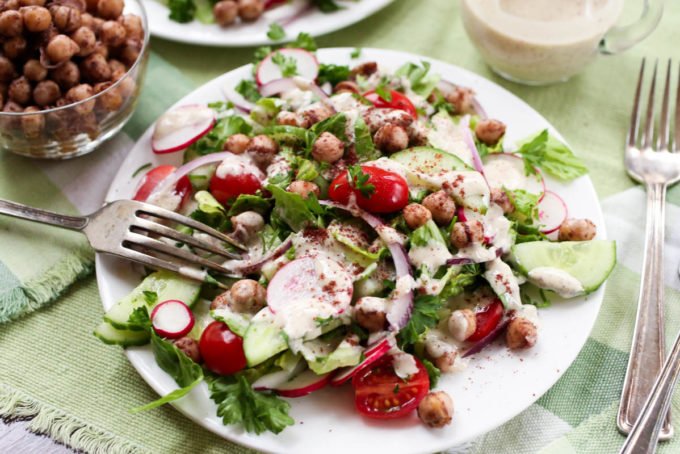Fattoush Salad with Chickpea-Sumac 'Croutons' + Tahini-Sumac Dressing by Parsley In My Teeth